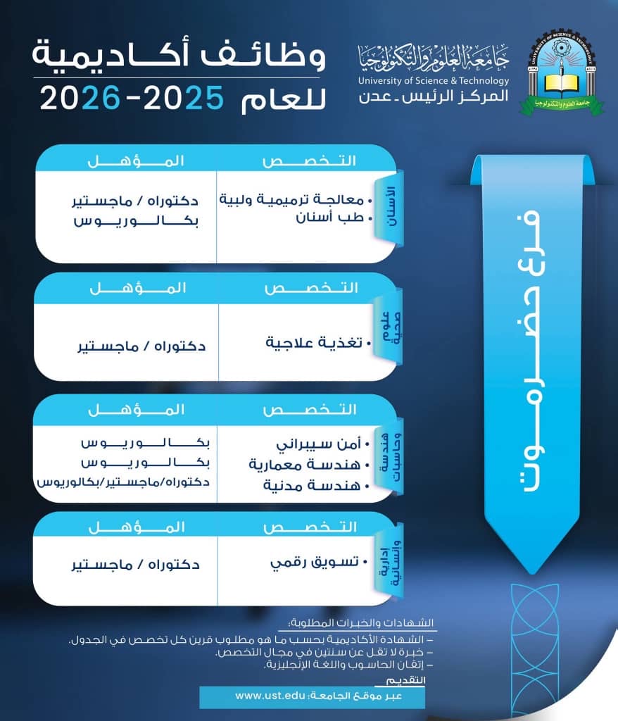 وظائف_شاغرة في جامعة العلوم والتكنولوجيا فرع حضرموت 